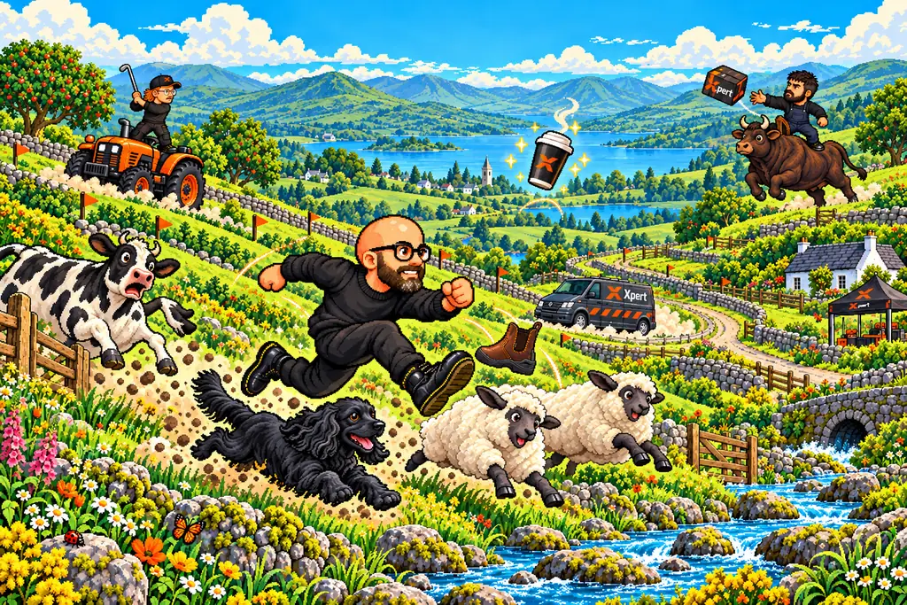 Jack leaps through the Irish countryside with Rupert, Xpert vehicles, cows and his colleagues.