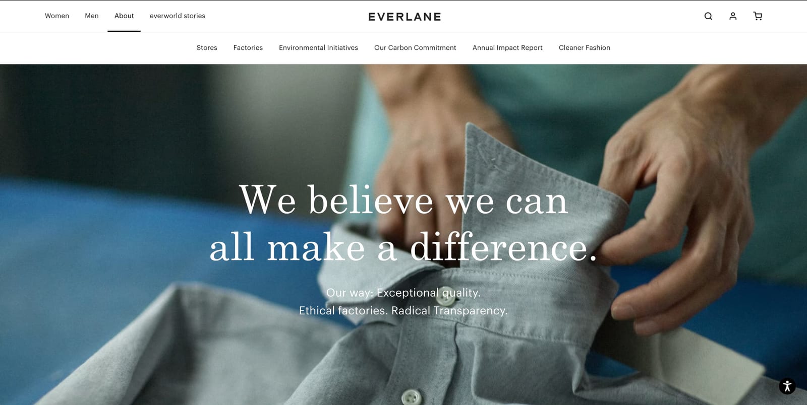 screenshot of Everlane's about page highlighting their passion for brand transparency
