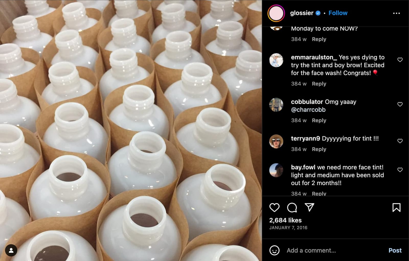 Glossier instagram post of empty bottles encouraging feedback from their followers