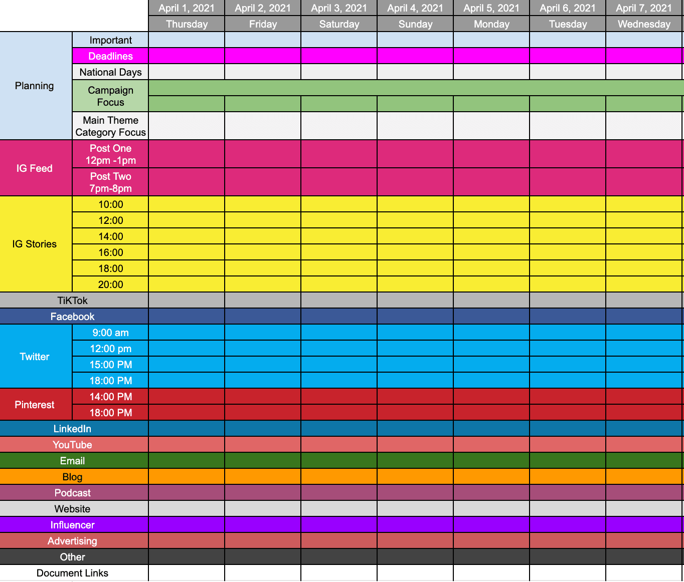 Screenshot of social media content calendar template