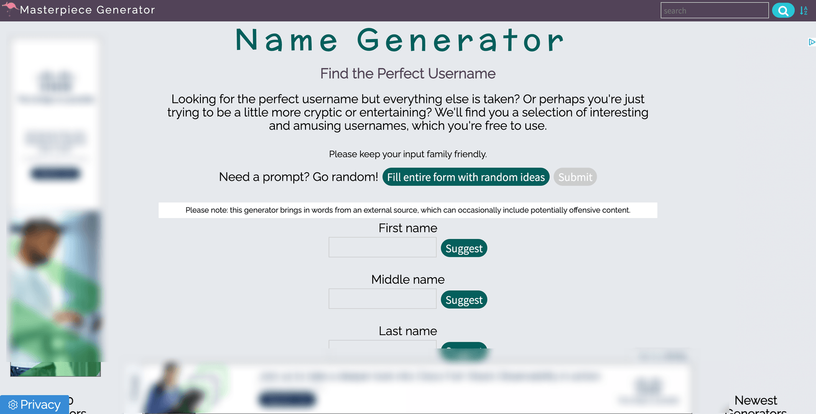 screenshot of Name Generator homepage