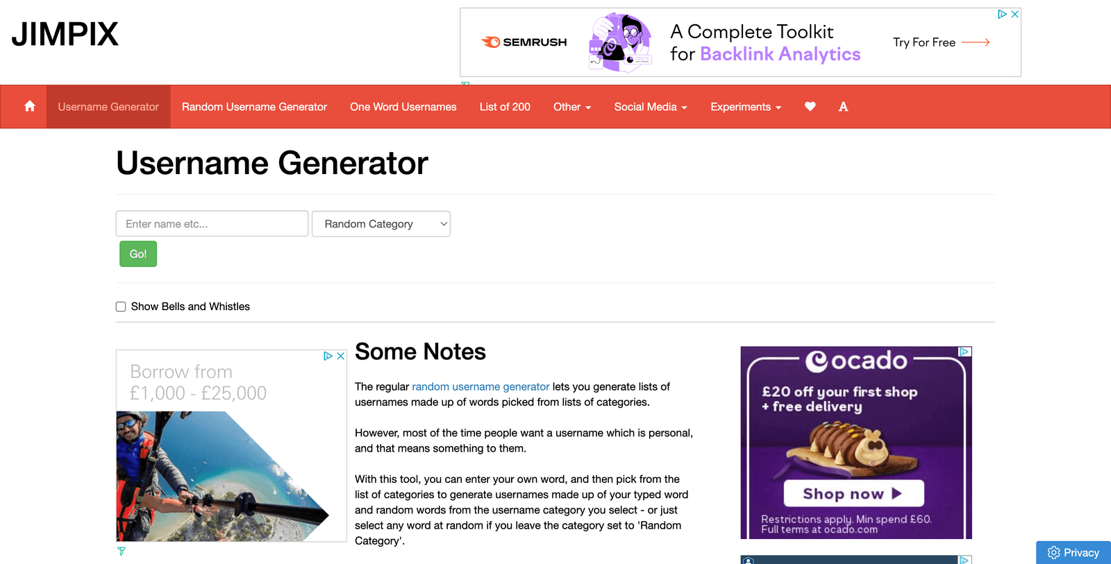 screenshot of JimPix homepage
