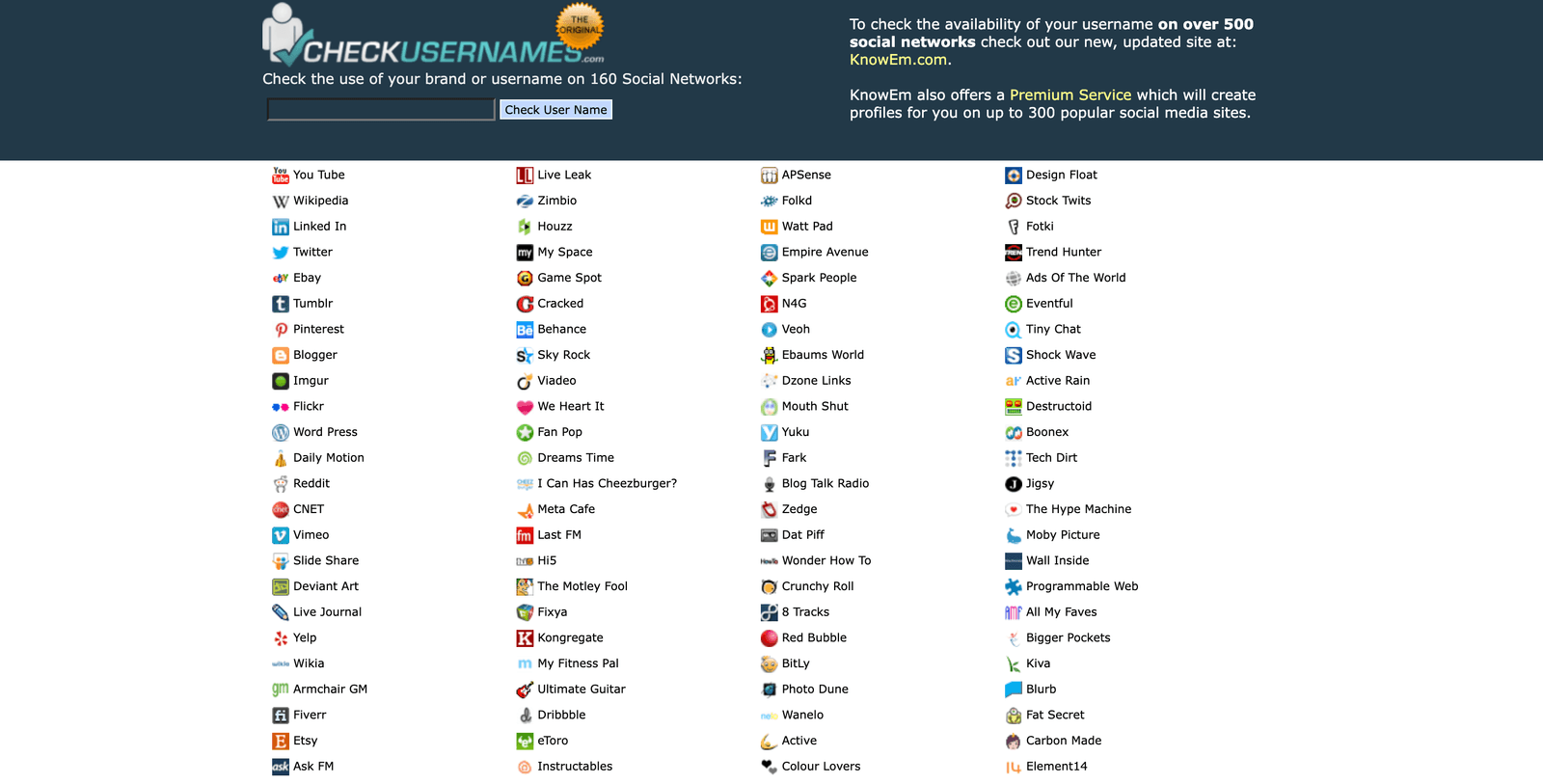 screenshot of Check Usernames homepage