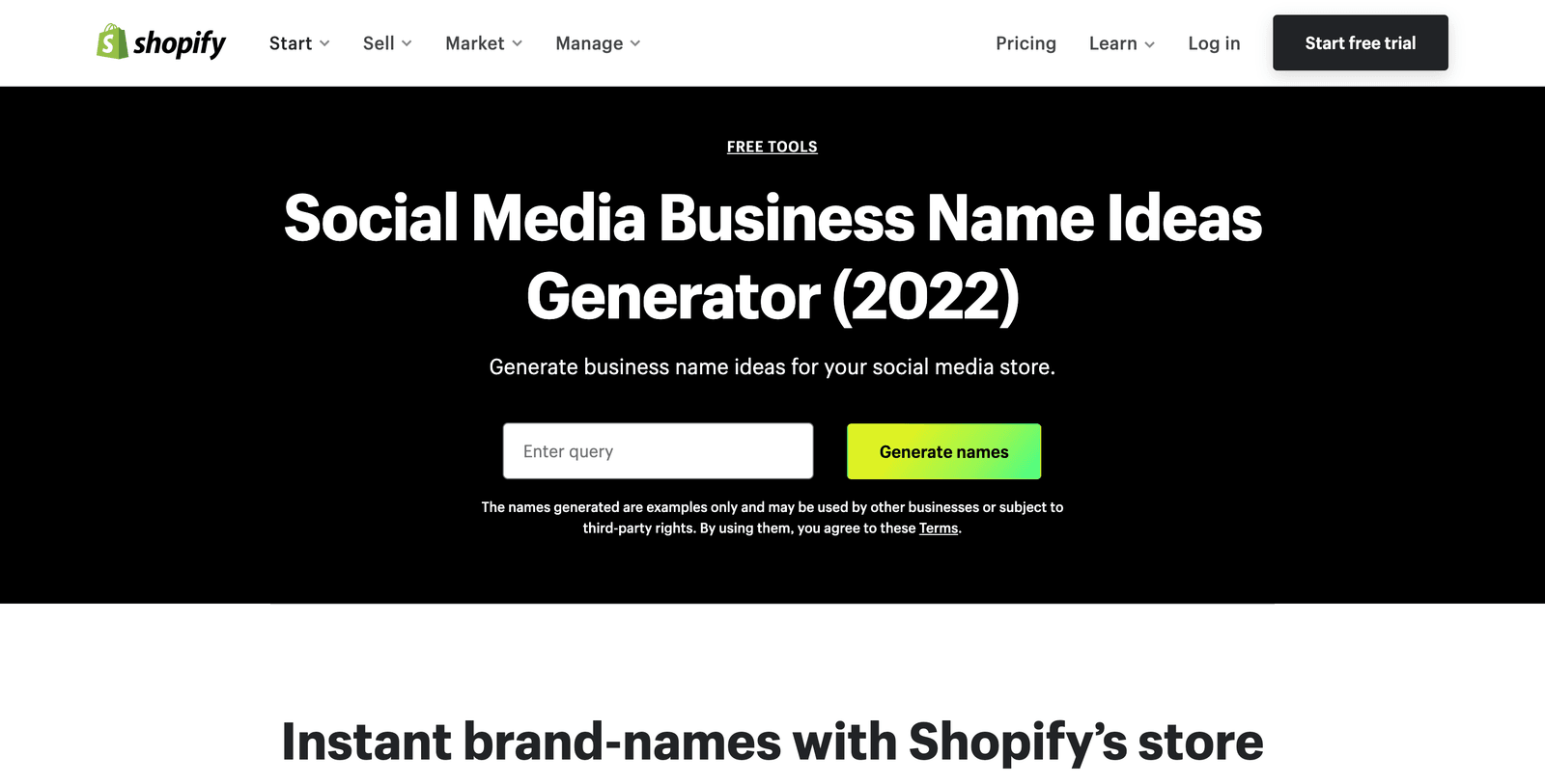 screenshot of Shopify's homepage