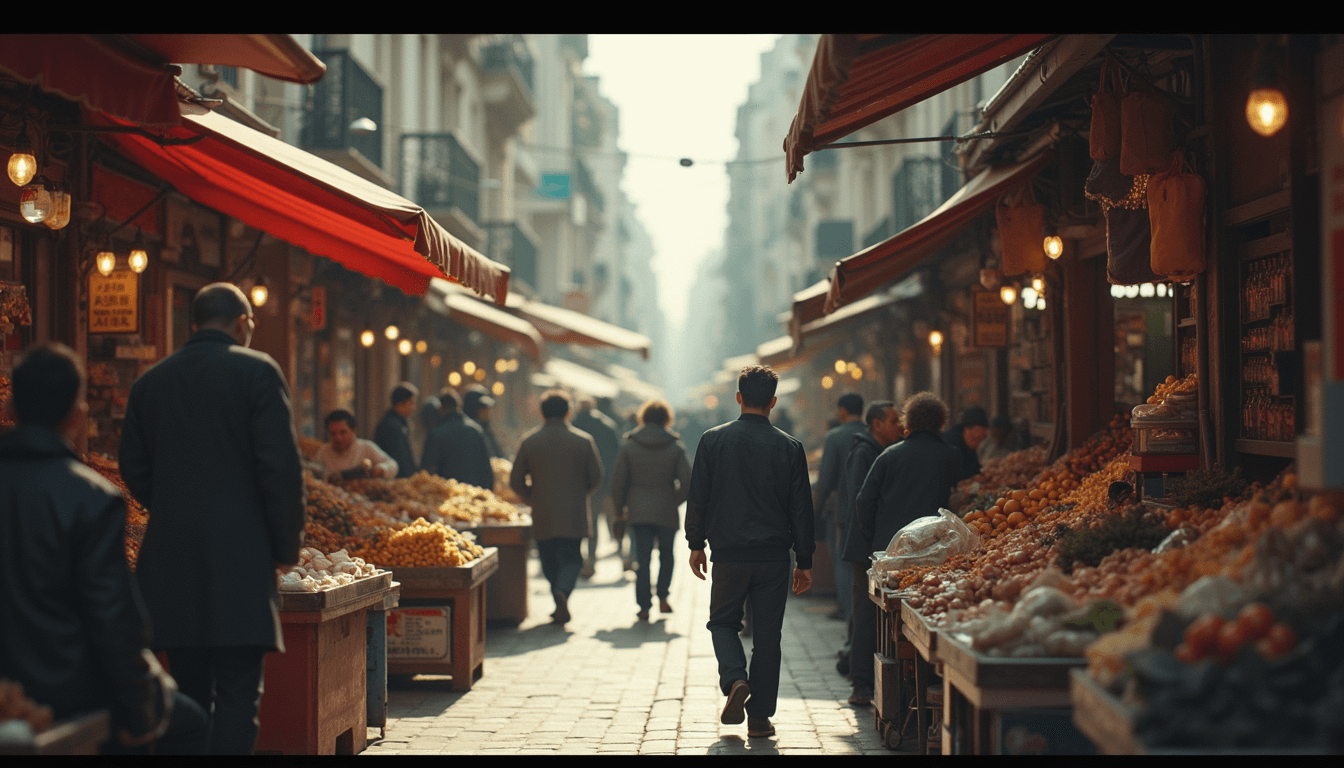 High-angle view of a bustling urban market