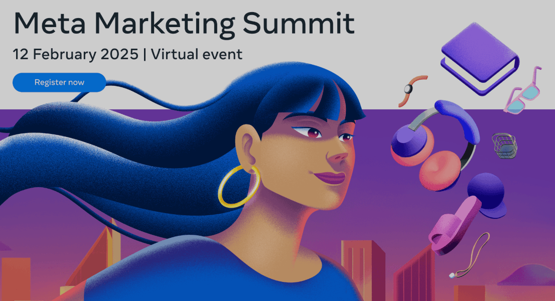 Illustration of a woman with floating tech items, promoting the Meta Marketing Summit on 12 February 2025, a virtual event.