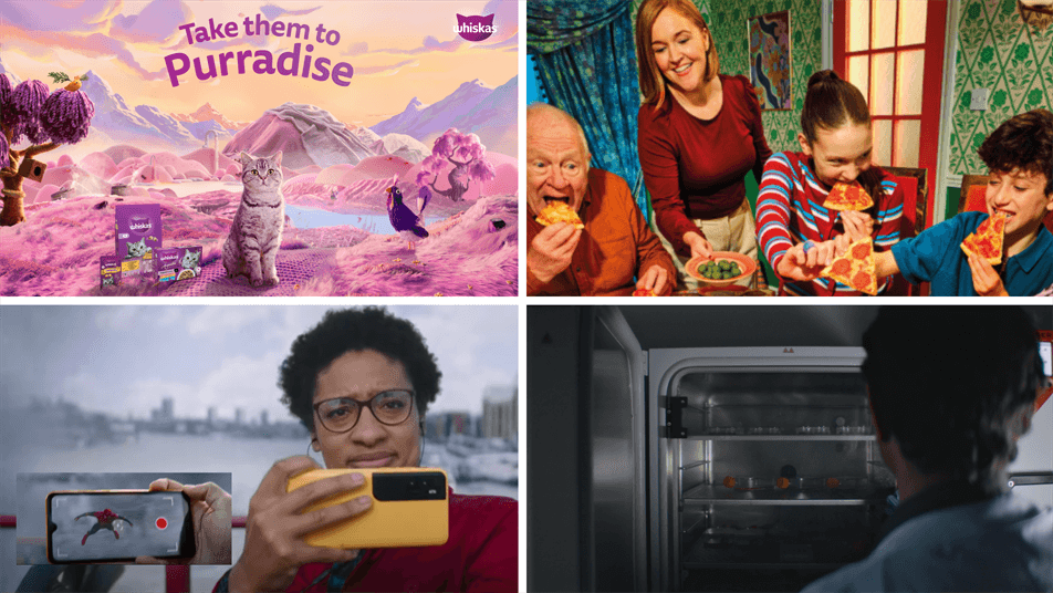 A collage of four images: a Whiskas cat food ad, a family eating pizza, a person photographing a phone screen outdoors, and a person looking into a refrigerator.