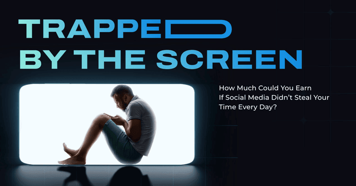 Silhouetted person sitting inside a phone screen with text: "Trapped by the Screen. How much could you earn if social media didn't steal your time every day?.