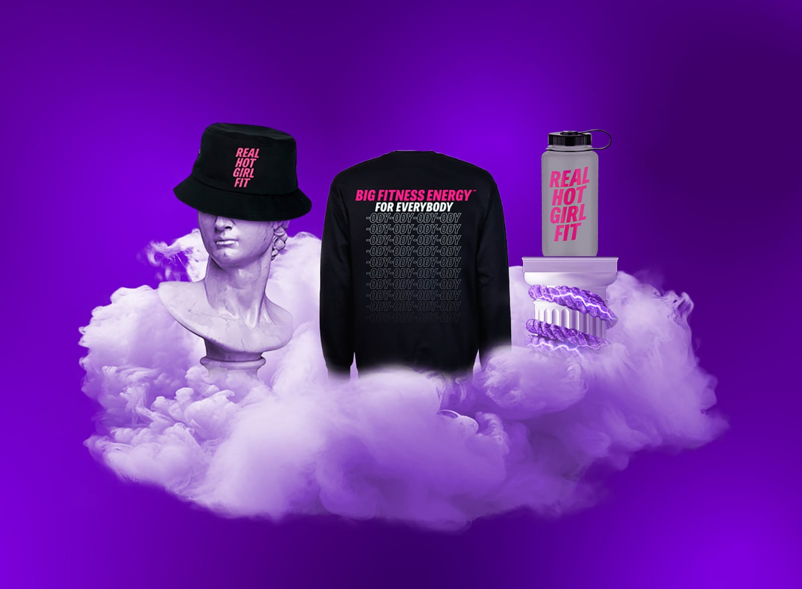 Megan Thee Stallion & Planet Fitness Merchandise including, a purple background with a hat, a bottle and a hat.
