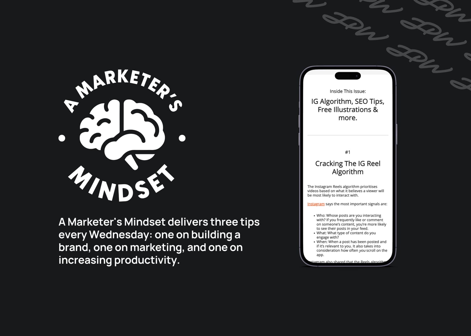Sample newsletter of A marketer's mindset on a phone screen.