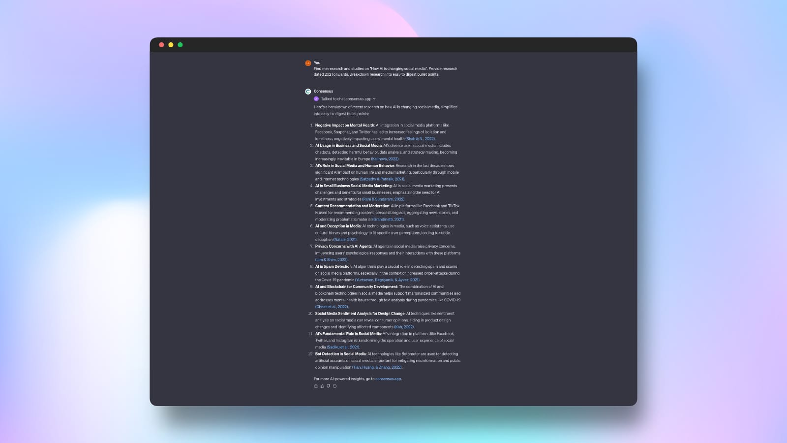 Output of studies using the Consensus chat on Ai ChatGPT