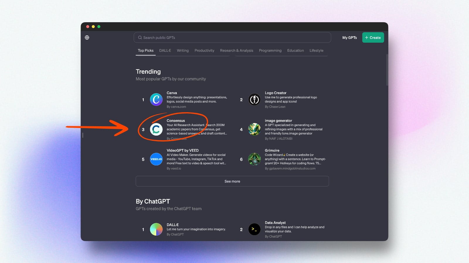 A screenshot of ChatGPT store with a red circle pointing to Consensus custom Ai chat.