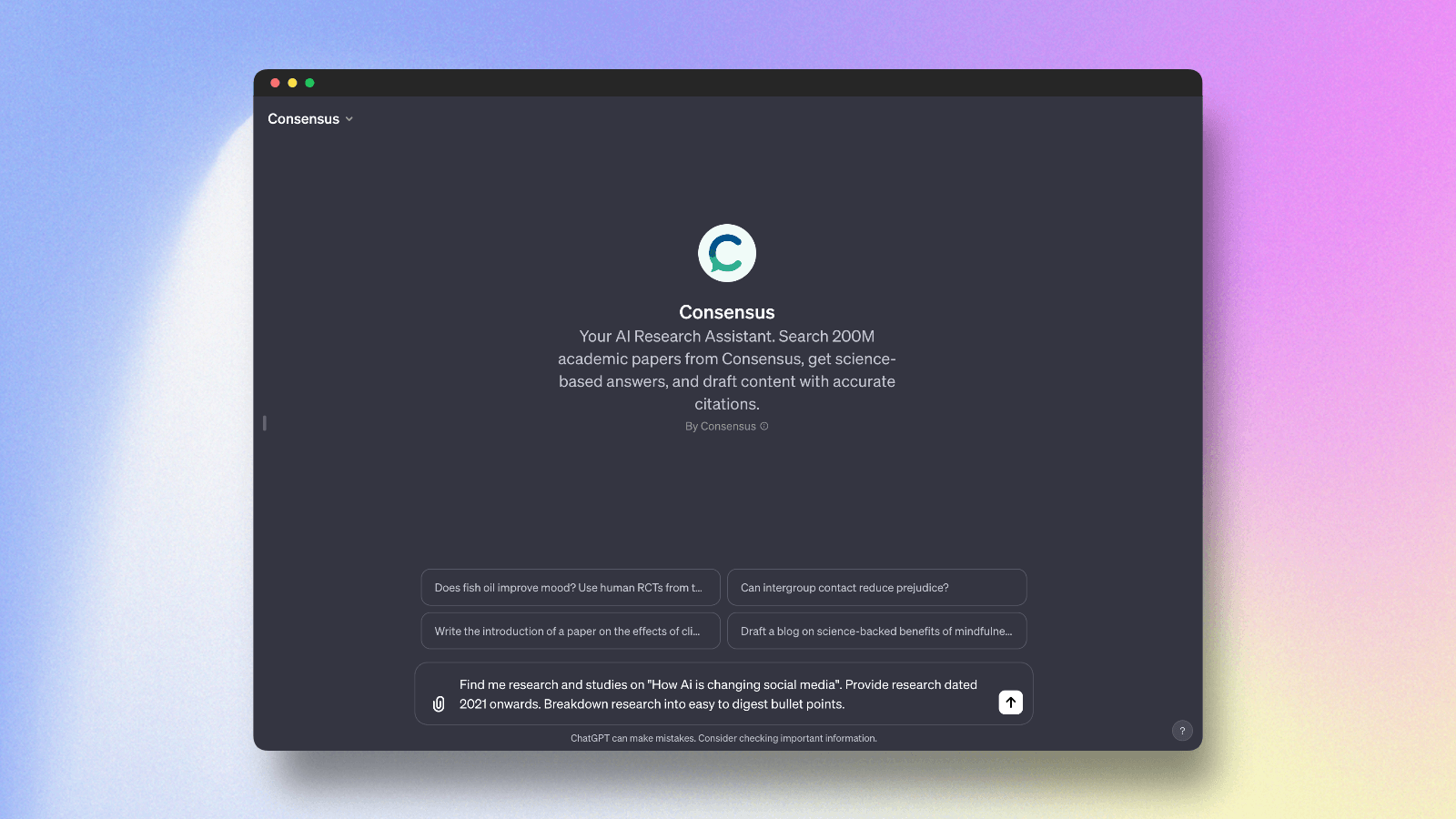 A ChatGPT chat showing a conversation with Consensus.