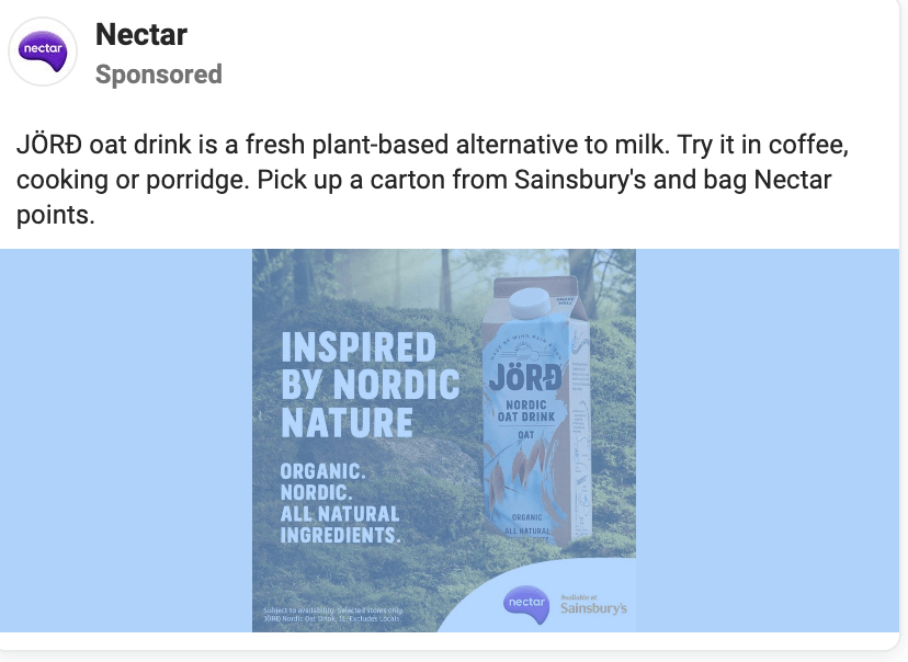 Example of a good ad that shows Nectar promoting Jord oat drink with an ad that has image and text overlay