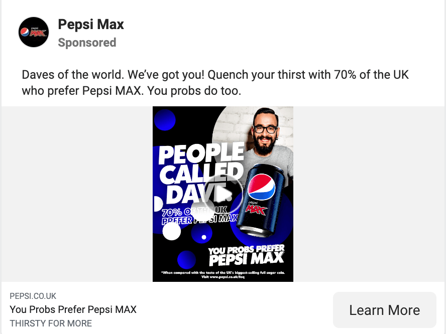 Pepsi Max ad which shows a happy face and text overlay