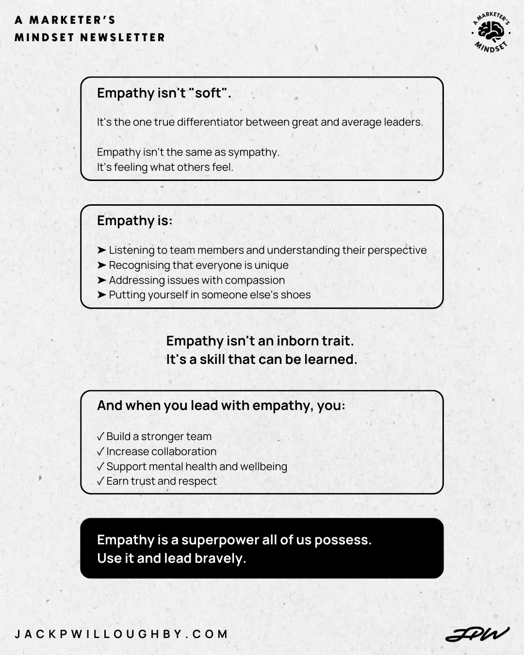 A black and white infographic summarising key points on the topic 'empathy in leadership'.