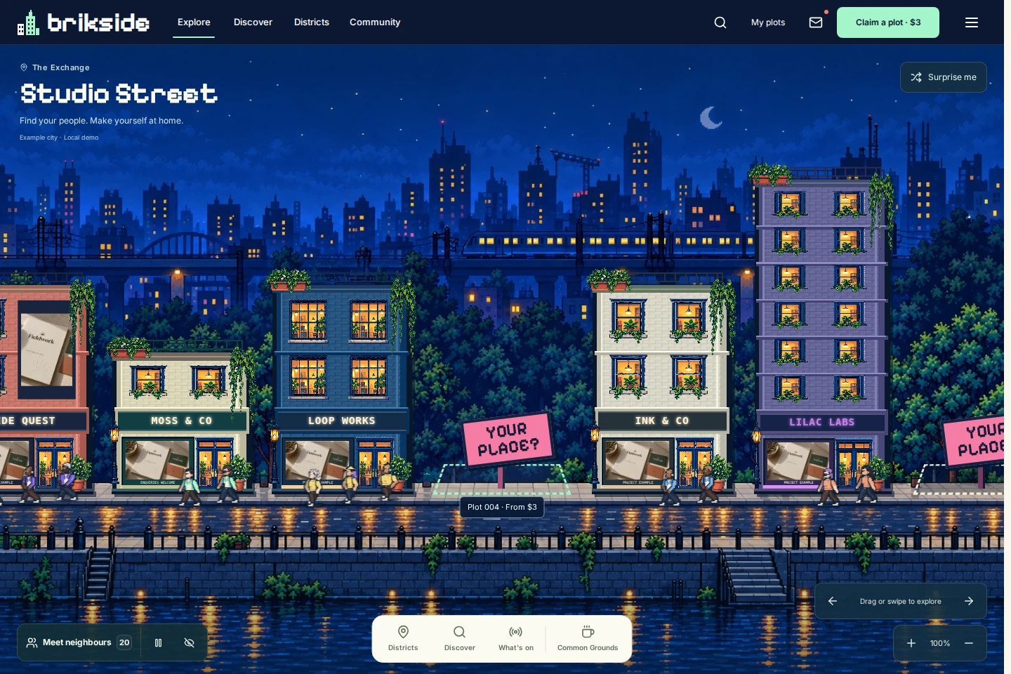Brikside’s actual interactive street with modular buildings and pixel representatives