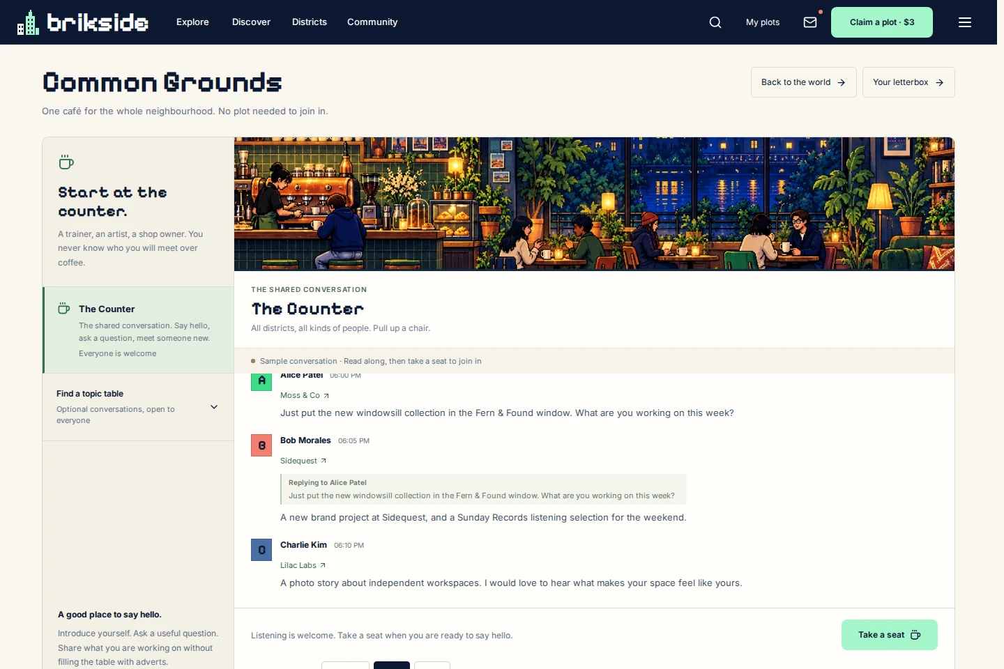 Common Grounds café interface with a shared counter and a labelled sample conversation