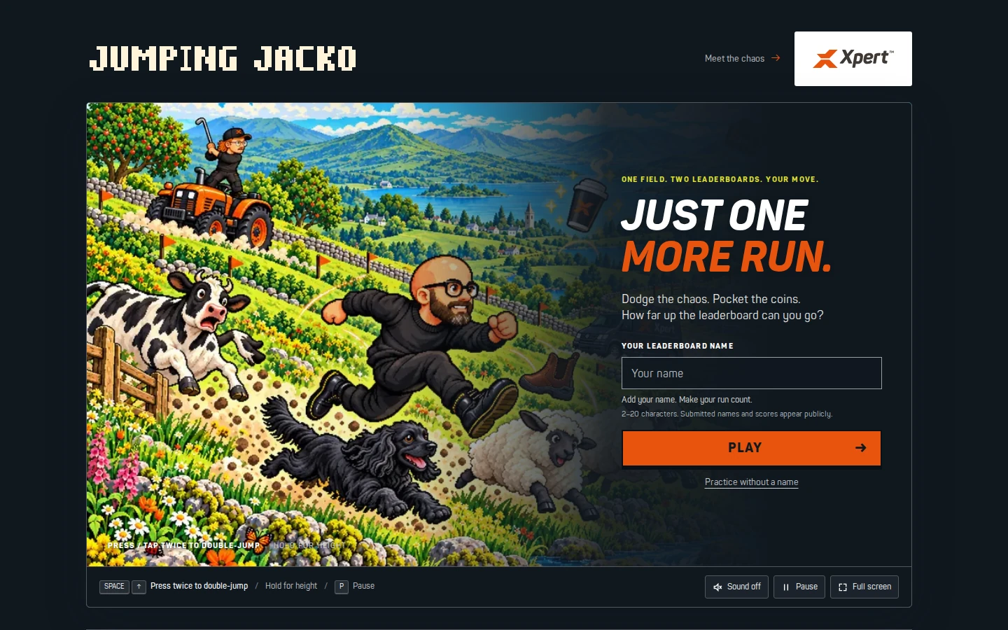 Jumping Jacko start screen with the illustrated countryside and Xpert identity