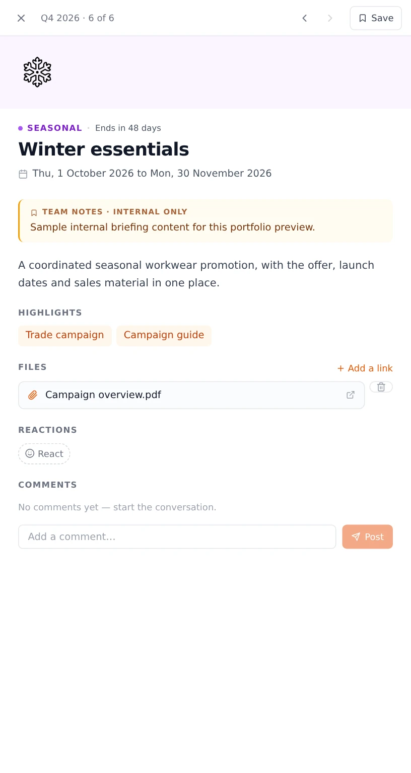 Xpert.Promo open campaign detail sheet with campaign information and resources