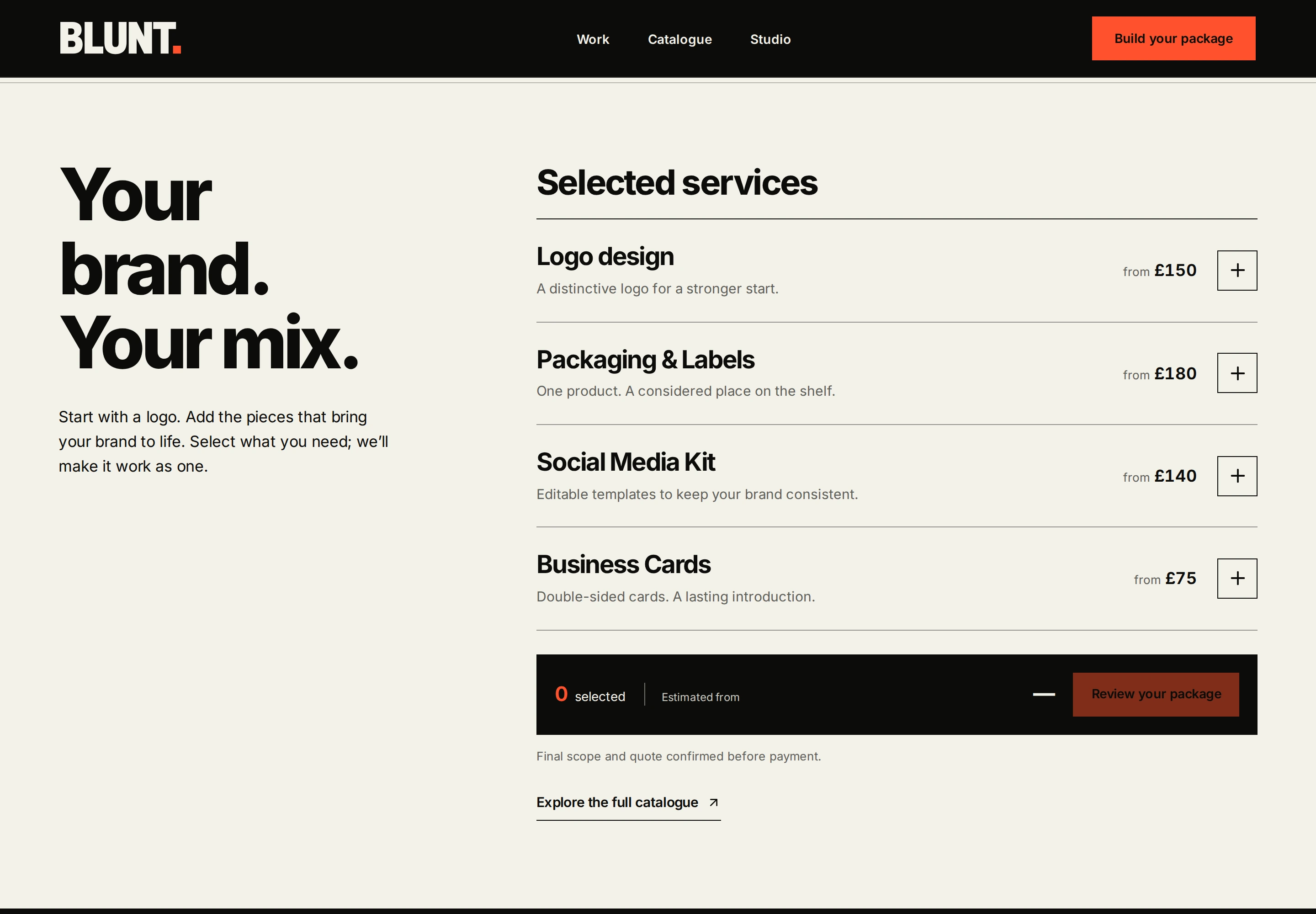 Blunt’s design catalogue with selectable services and a package estimate bar