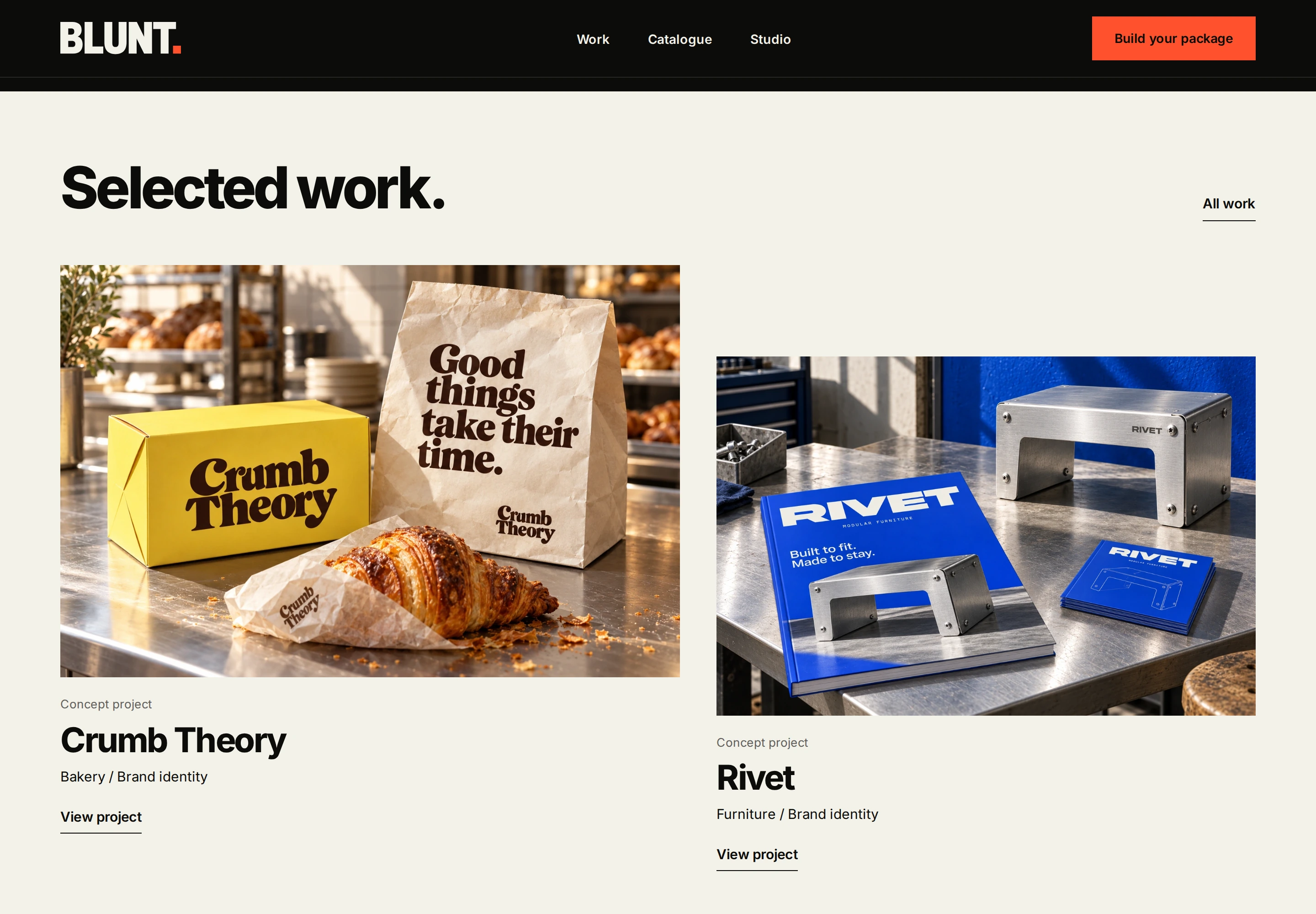 The Blunt selected-work grid with project images and concept labels