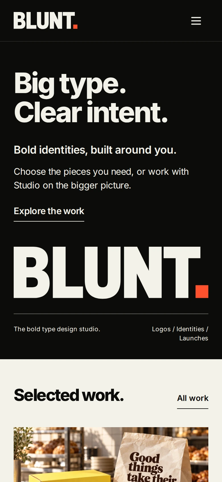 Blunt website at mobile width