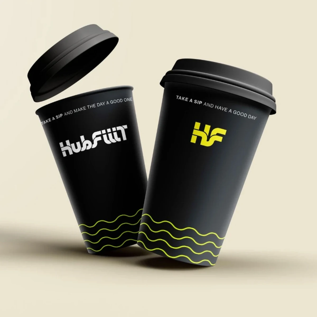 HubFiiiT cups with the original wordmark and flowing lines