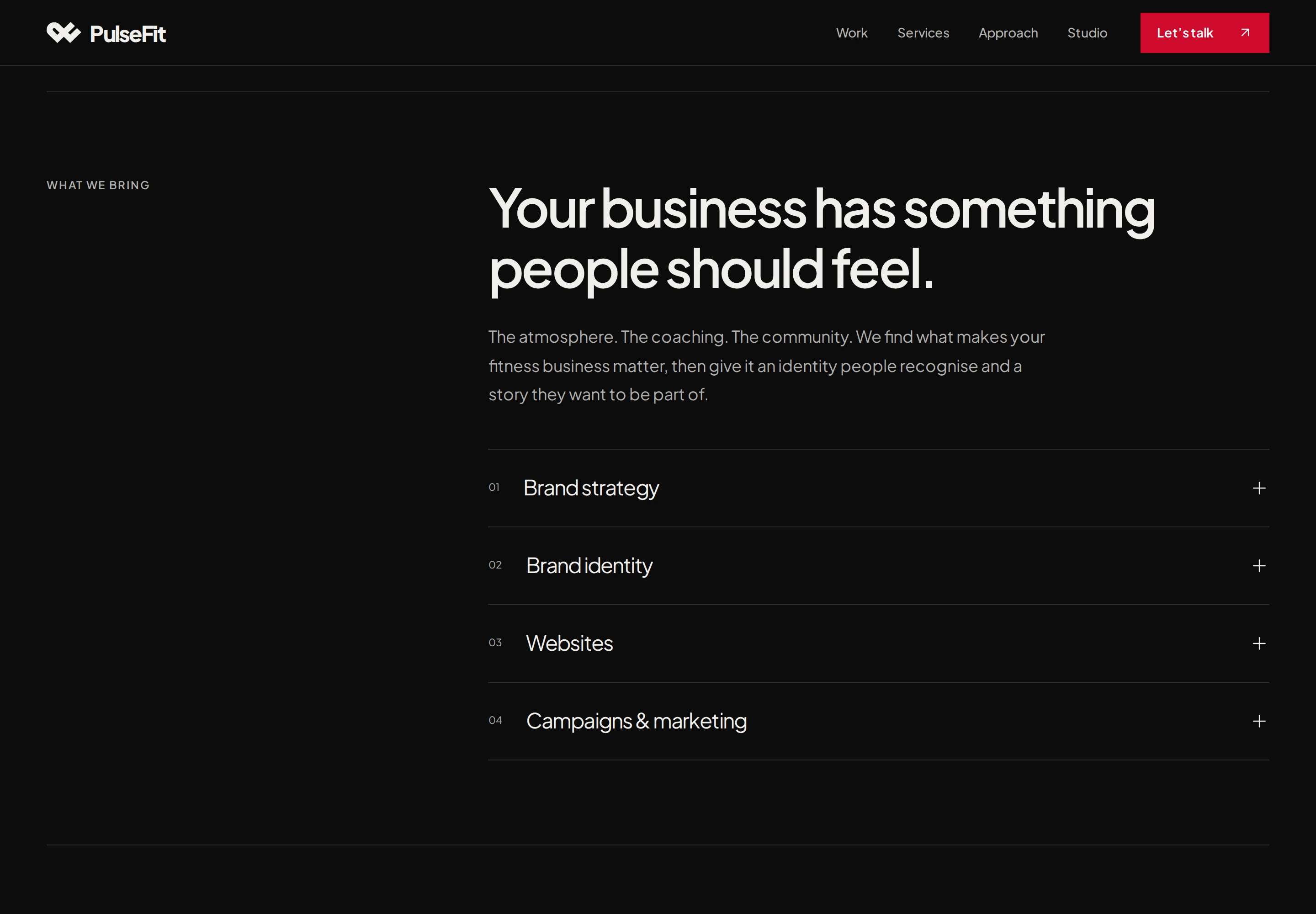 PulseFit service section with brand strategy identity websites and marketing