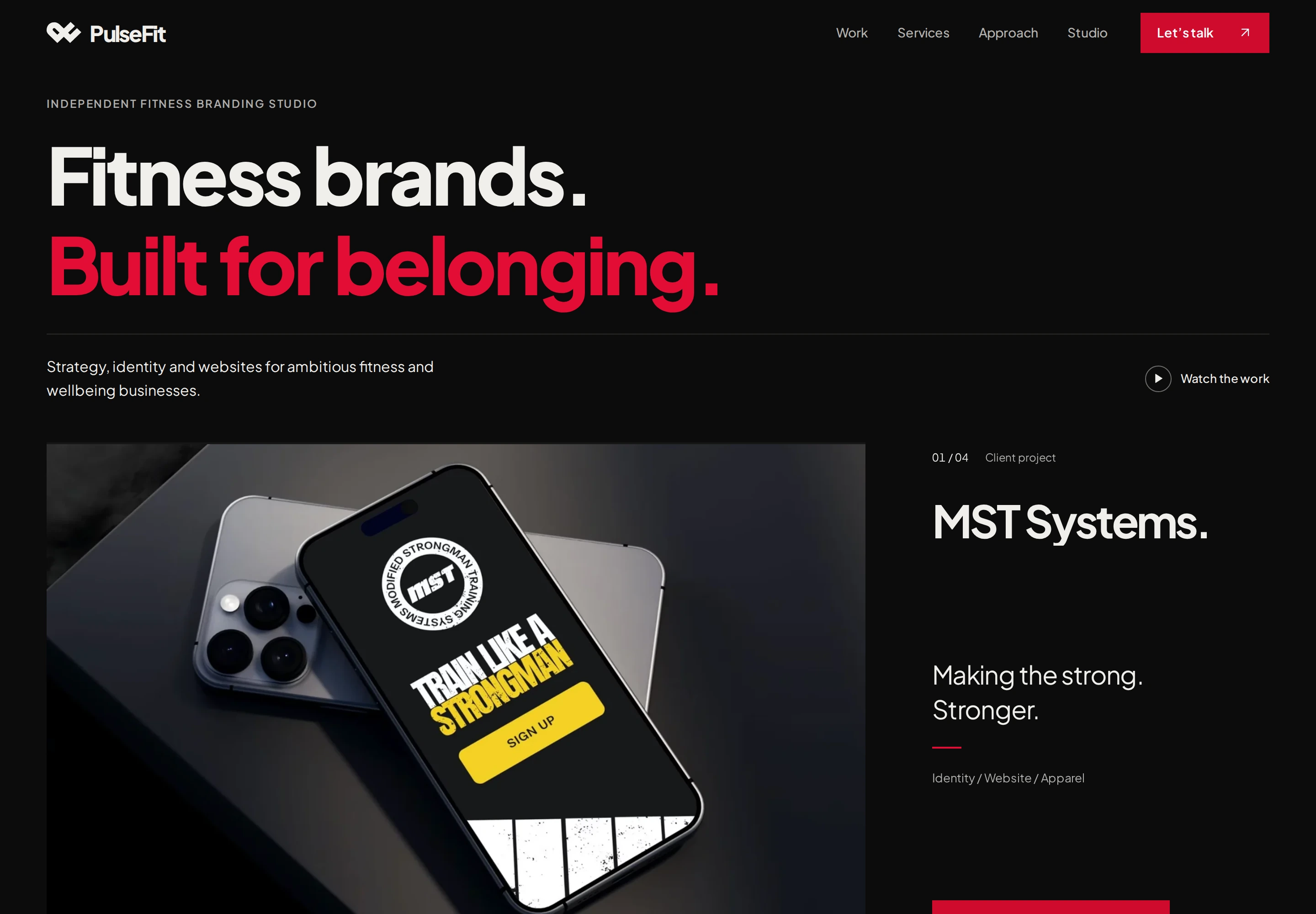 PulseFit homepage with its Built for belonging proposition and selected-work showcase