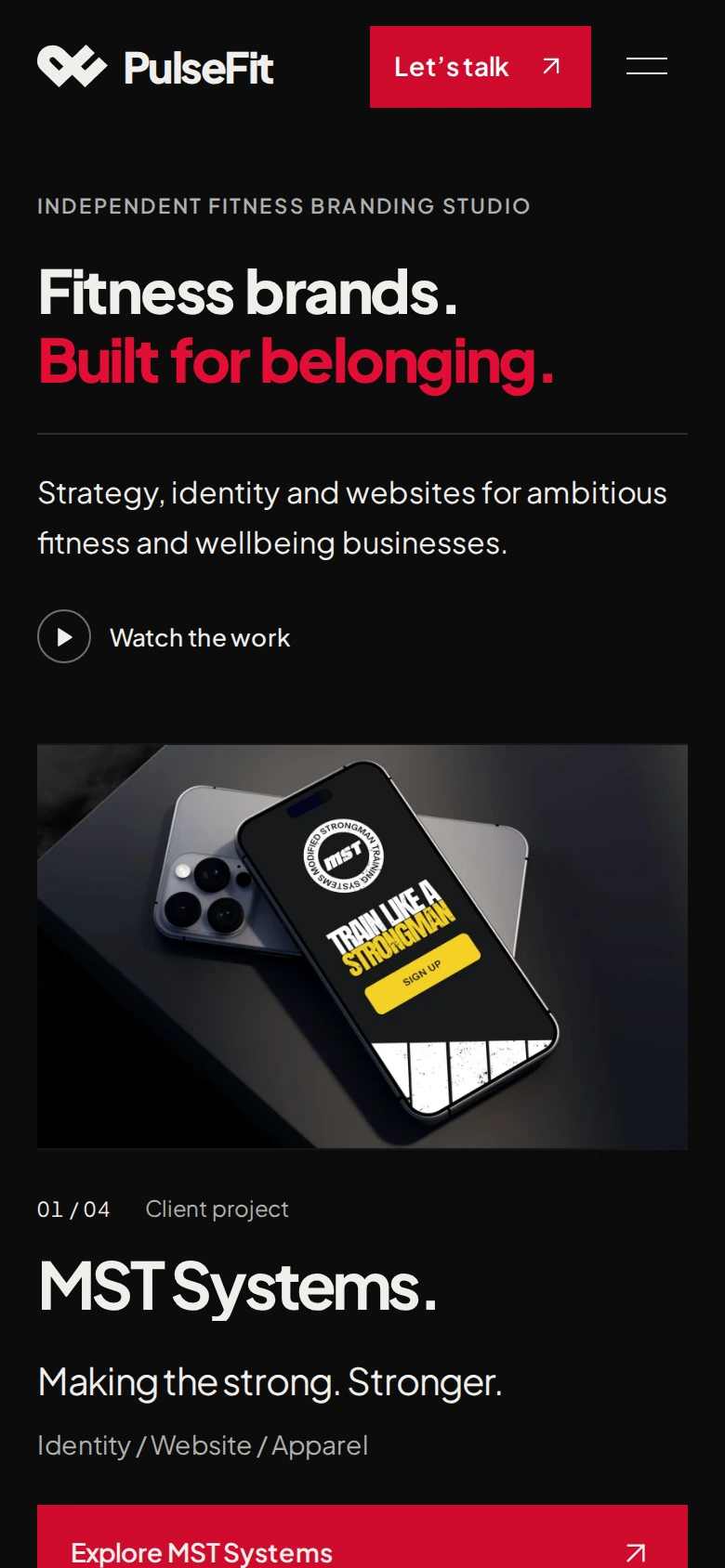 PulseFit website at mobile width