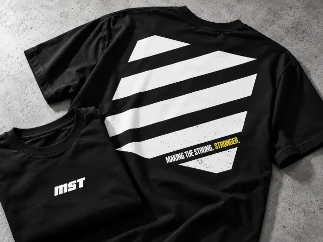 Close-up presentation of black MST training shirts with bold white diagonal graphics